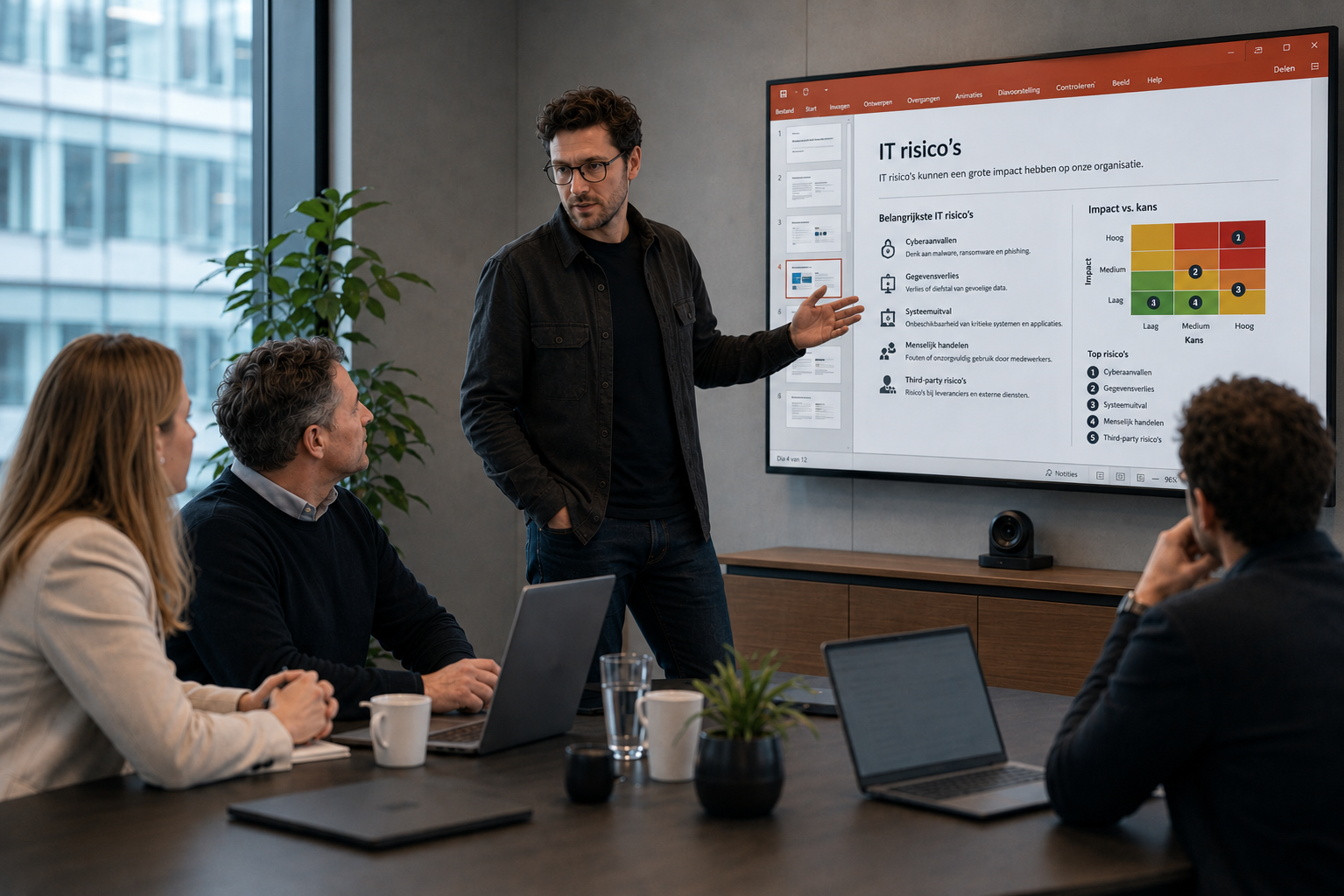 Senior IT-consultant presenteert een IT-risicoanalyse aan directieleden tijdens een strategische vergadering in een moderne Nederlandse kantooromgeving.