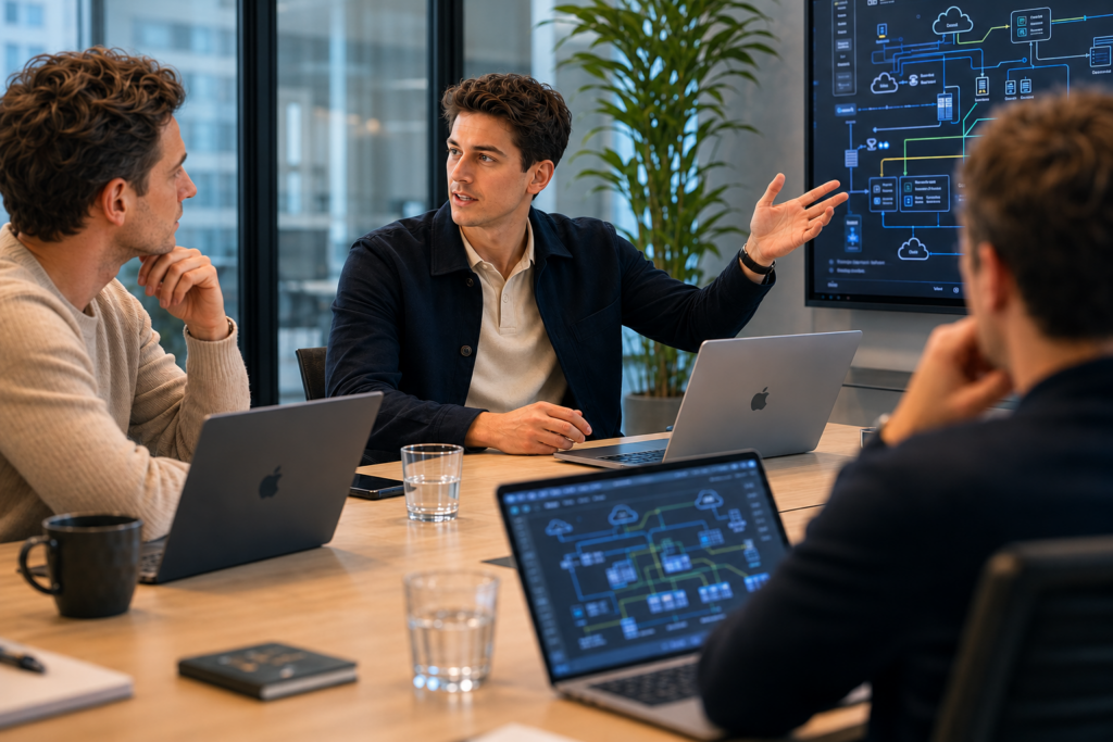 Senior IT-consultant bespreekt een IT-infrastructuuroverzicht met managementteam tijdens een strategische sessie in een modern Nederlands kantoor.