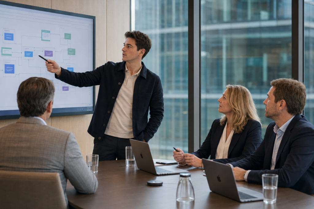 Jeito consultant presenteert een IT-landschap en architectuurdiagram aan een directieteam tijdens een strategische vergadering in een moderne Nederlandse kantooromgeving.