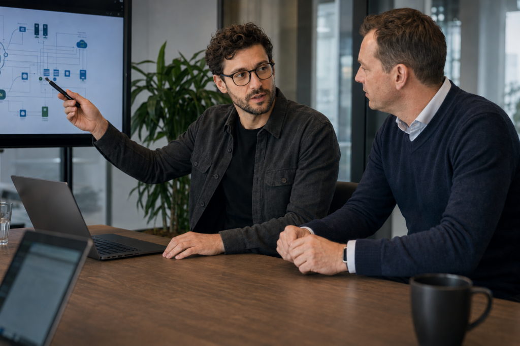 IT-consultant en IT-manager bespreken netwerkarchitectuur, governance en systeemdocumentatie in een moderne kantooromgeving. Strategische analyse voor een stabiele en toekomstbestendige IT-infrastructuur.