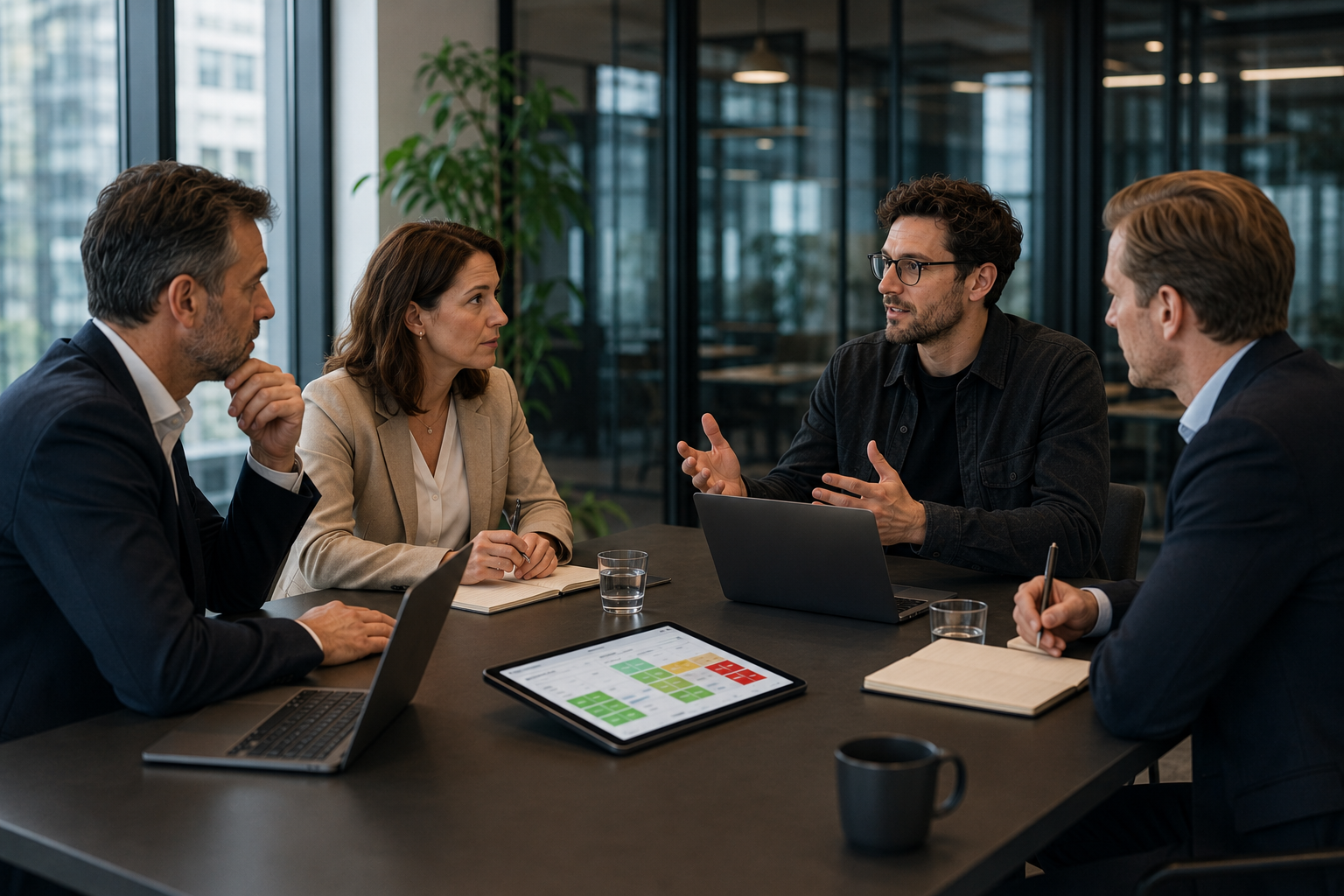 Directieteam in een moderne Nederlandse vergaderruimte bespreekt NIS2-compliance en risicobeheer met een IT-consultant aan tafel.