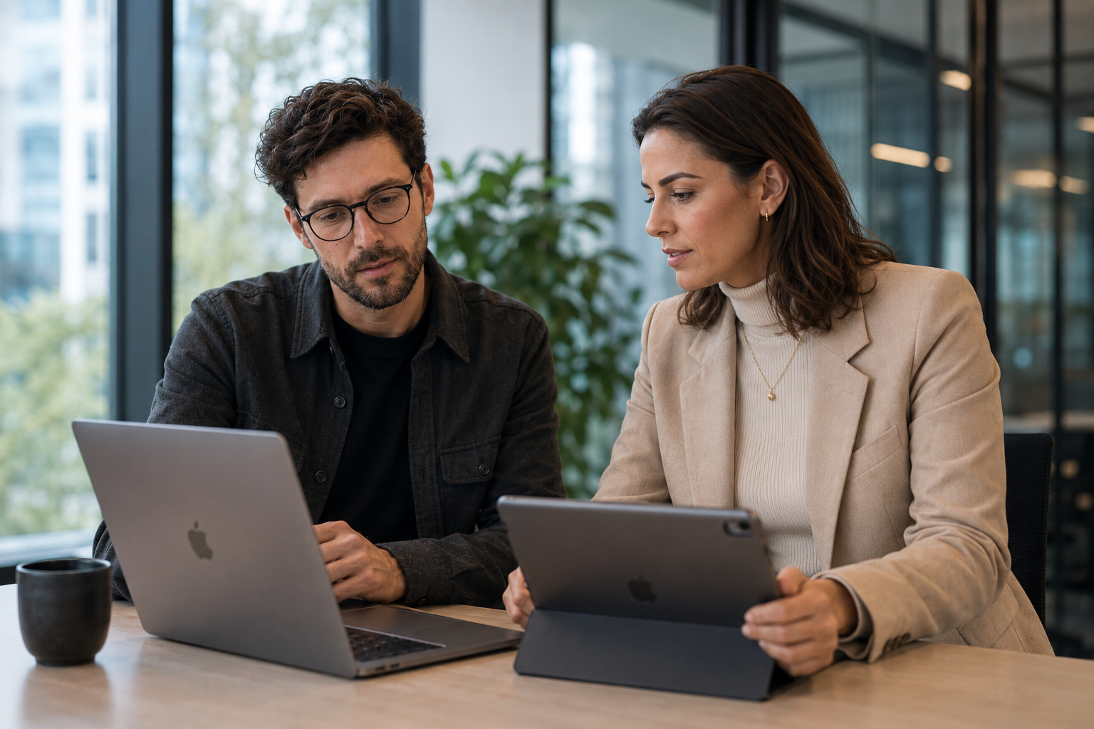 Senior IT-consultant en customer success specialist bespreken risico-overzichten op een laptop en iPad tijdens een strategisch overleg in een moderne Nederlandse kantooromgeving.