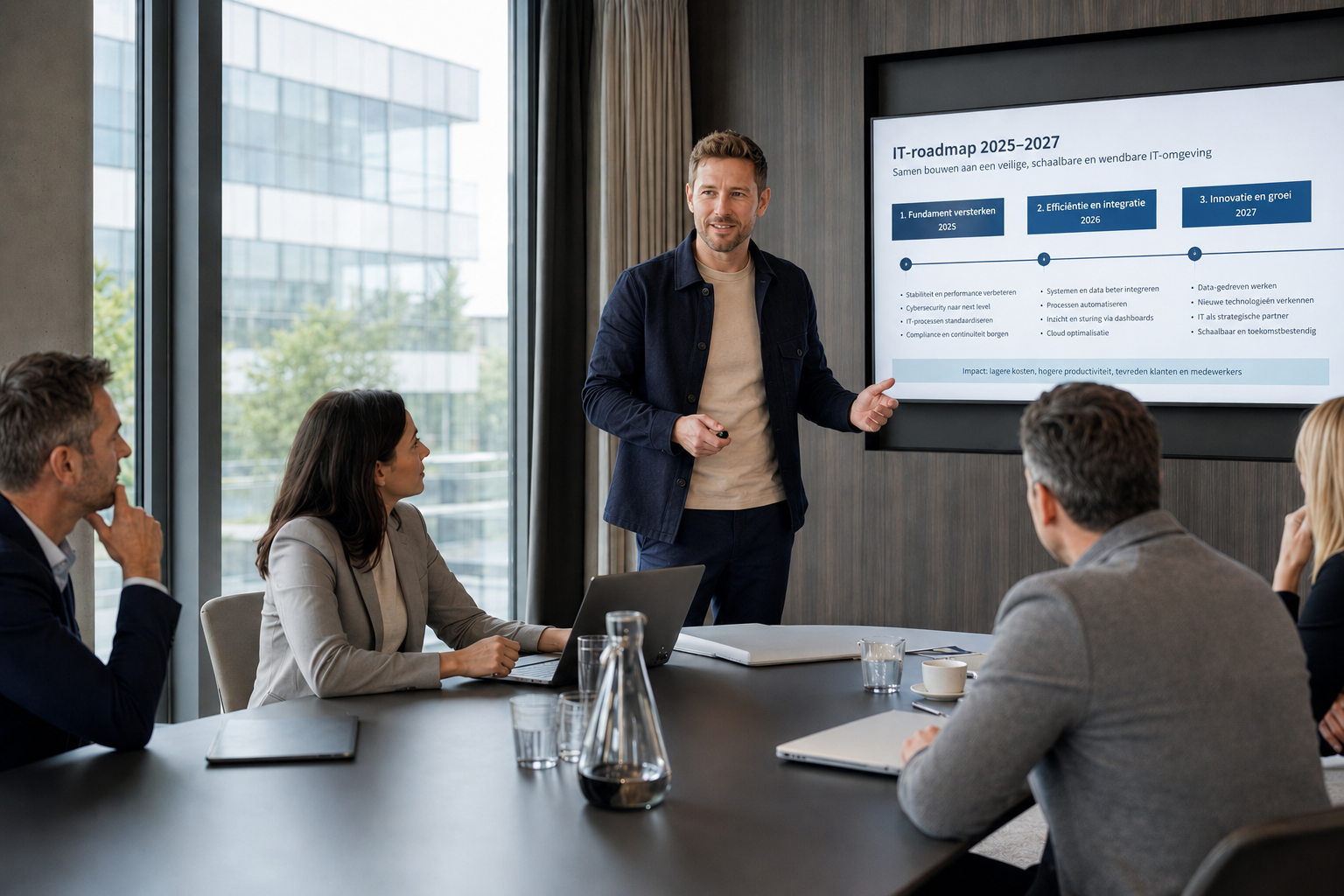 IT-consultant presenteert een strategische IT-roadmap aan een directieteam tijdens een vergadering in een moderne Nederlandse kantooromgeving.
