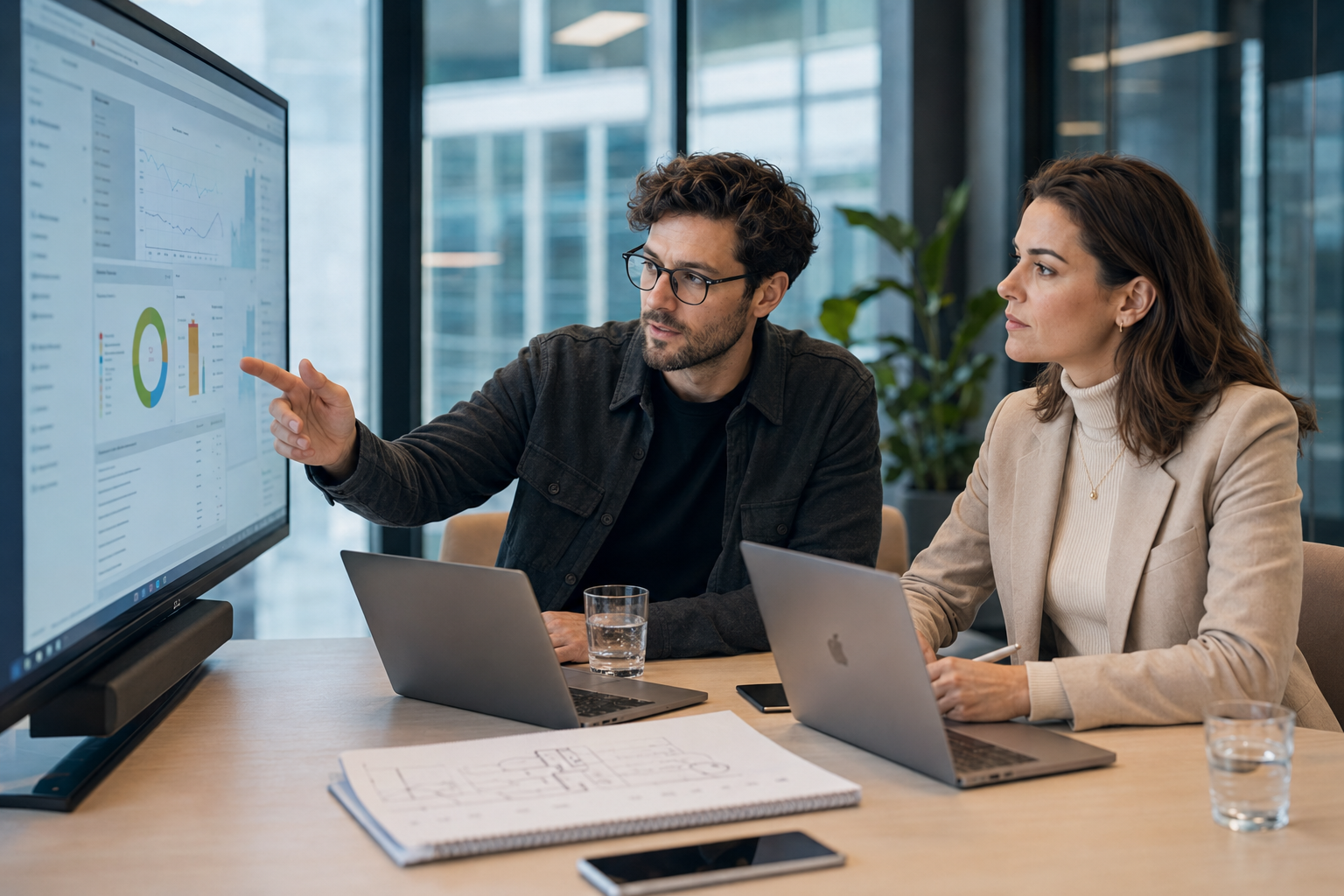 Twee IT-consultants analyseren samen een operationeel dashboard op een vergaderscherm na een systeemstoring in een moderne Nederlandse vergaderruimte.
