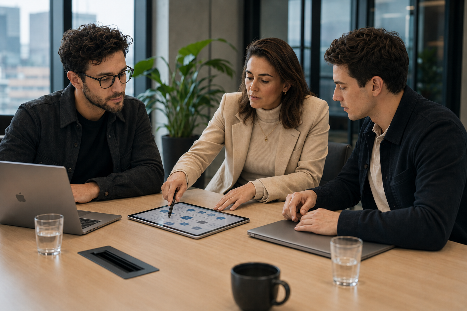 Drie IT-consultants analyseren een versnipperd IT-landschap aan de hand van dashboards, systeemarchitectuur en digitale documentatie. Strategische samenwerking in een moderne Nederlandse kantooromgeving.